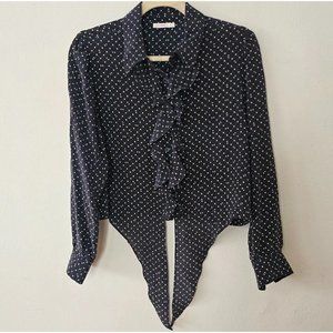Rare Lily Ashwell Long Sleeve Black White Polka Dot Button Front Ruffle Tie Top